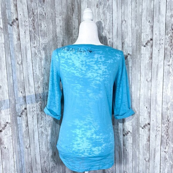 Roxy Burnout Tee | 3/4 Sleeve | Aqua Blue | Medium | Scoop Neck Top | Women's - Picture 4 of 13